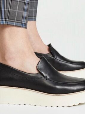 Vince -Women’s Zeta Black Leather Platform Loafers - Sleek Slip-On Style